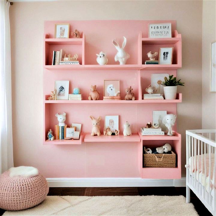 pink shelving to display nursery essentials