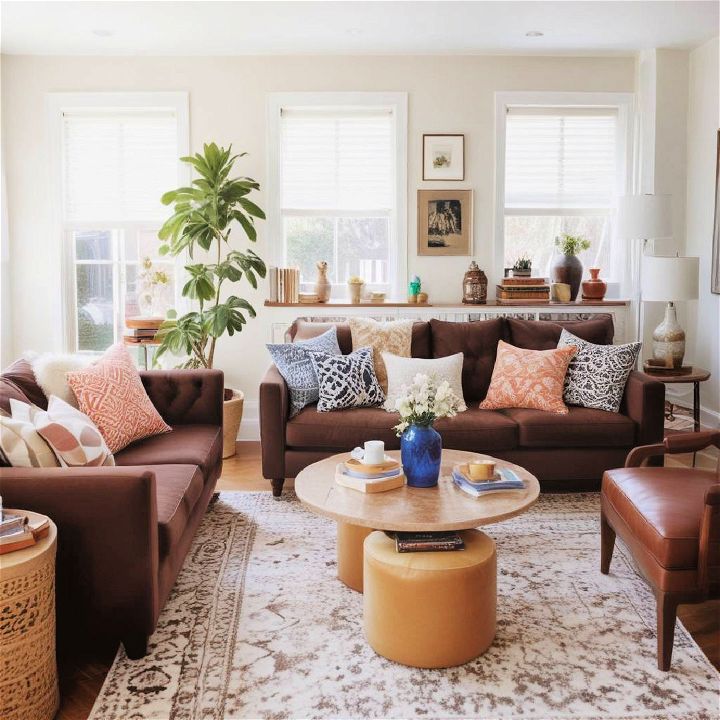 playful patterns living room with brown couch