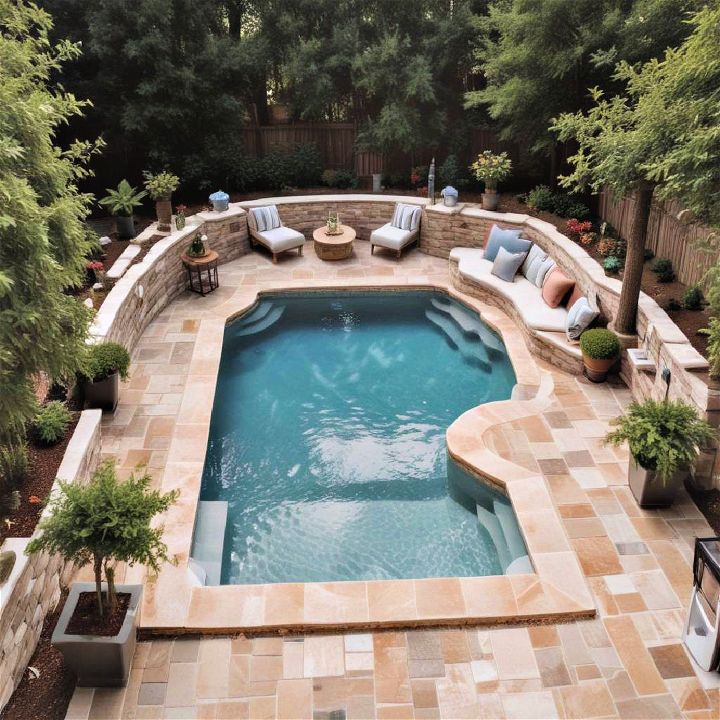 pool patio space with built in seating