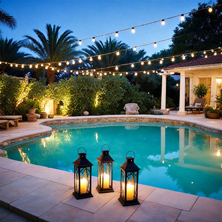 pool patio with string lights and lanterns