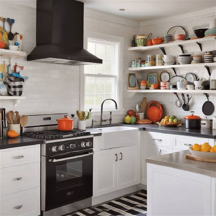 pops of color black and white kitchen