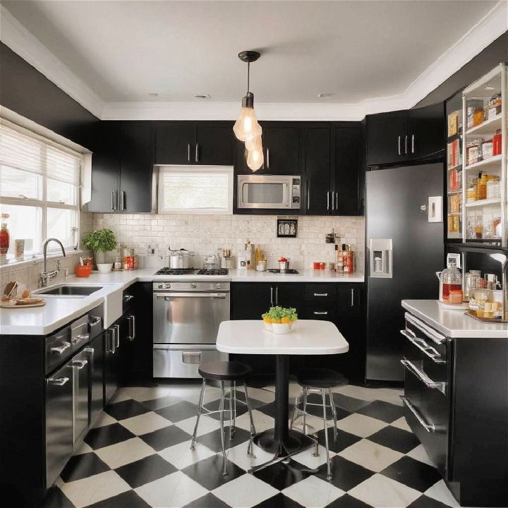 retro diner kitchens with black cabinets