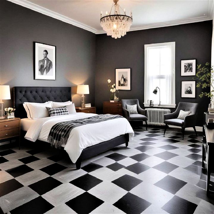 retro revival black and grey bedroom