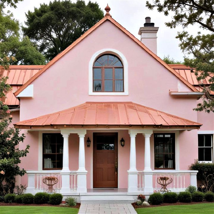rose pink with copper roof house exterior