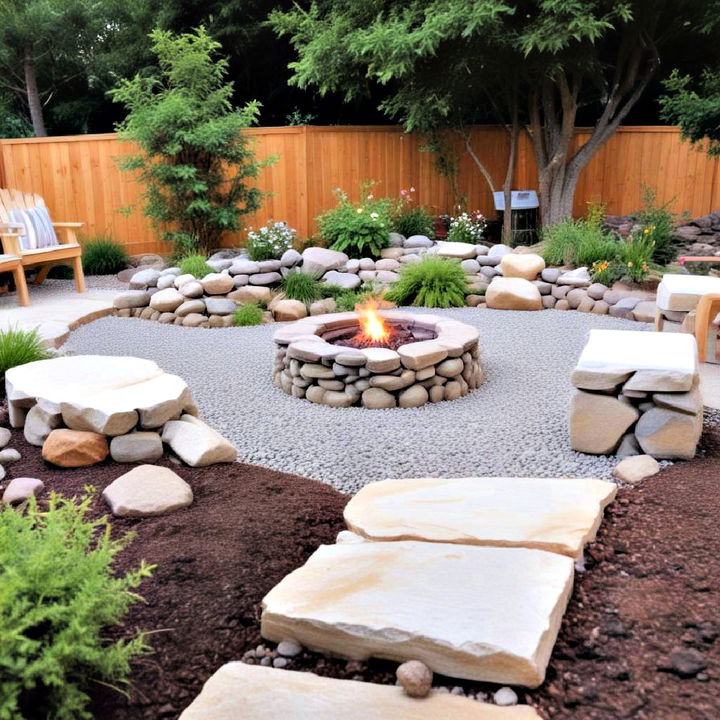 rustic charm fire pit with rock garden landscape