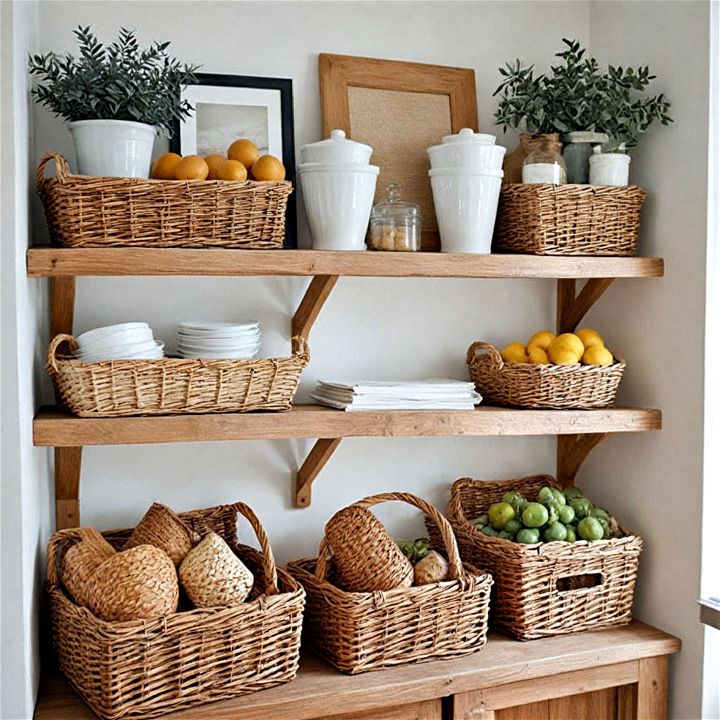 rustic charm wicker baskets shelves