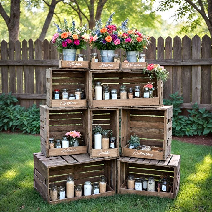 rustic crate display for backyard wedding