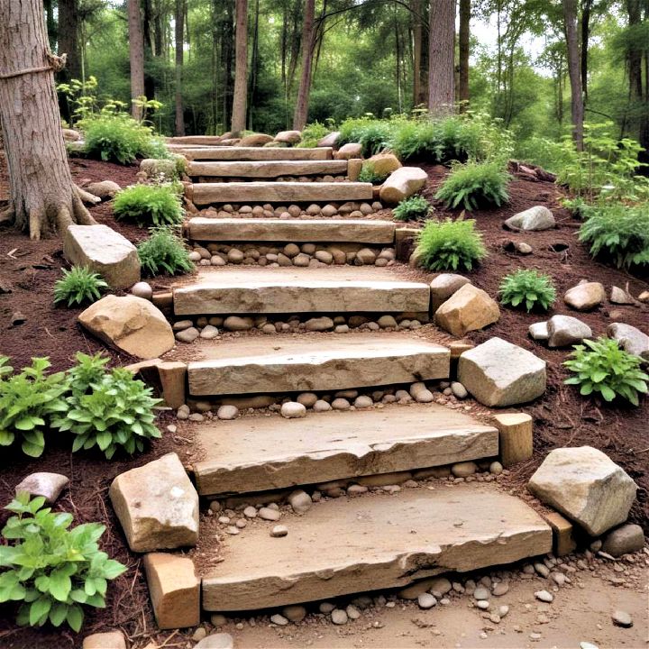 rustic log or stone steps to enhances the natural landscape