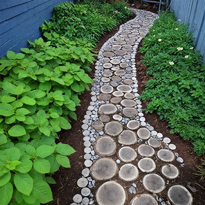 rustic log slice walkway for backyard