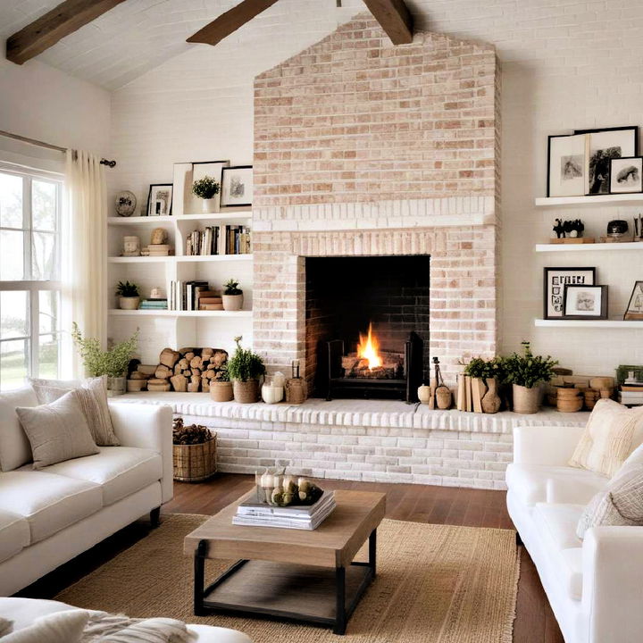 rustic whitewashed brick fireplace