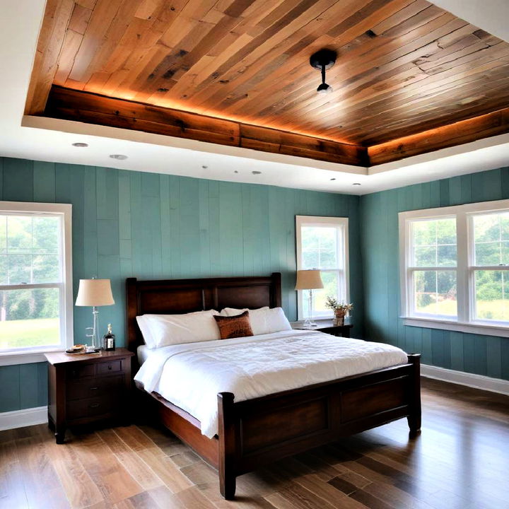 rustic wood paneling tray ceiling