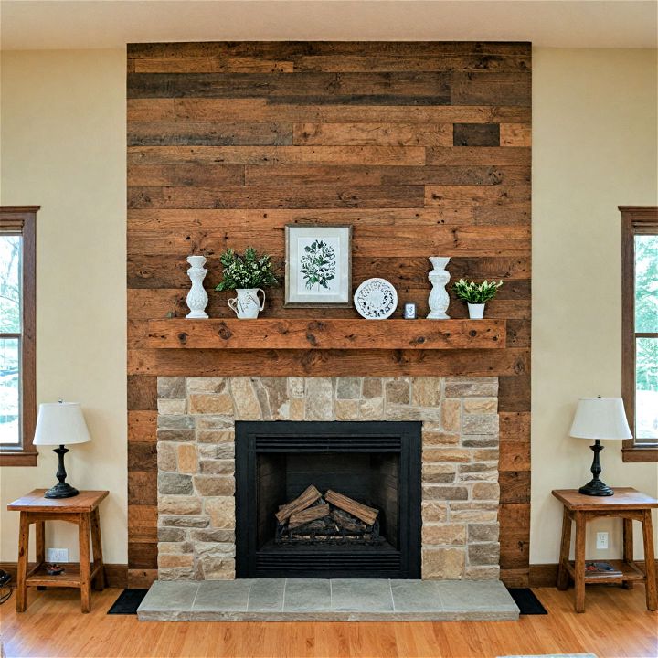 rustic wooden beam fireplace accent wall