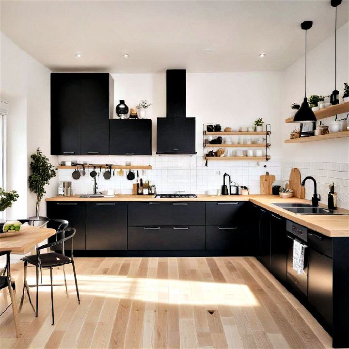 scandinavian style kitchen with black cabinet