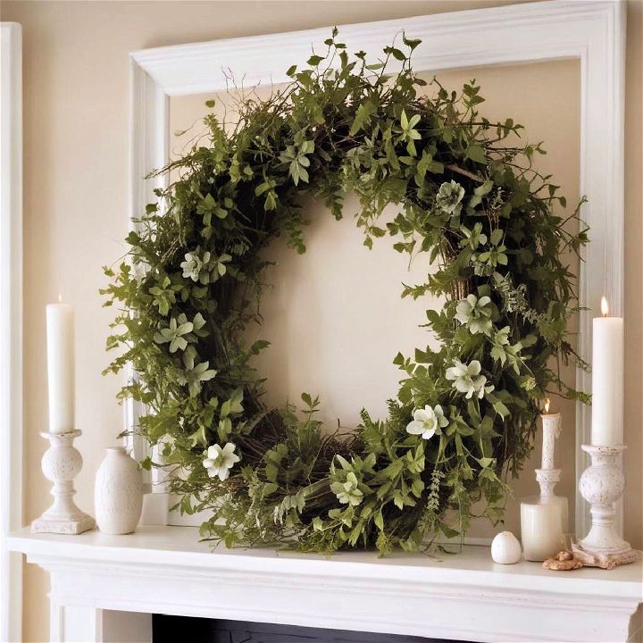 seasonal wreath for spring mantel