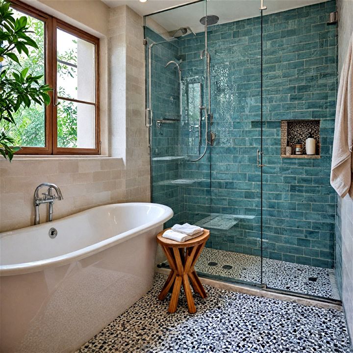 shower with mosaic tile accents