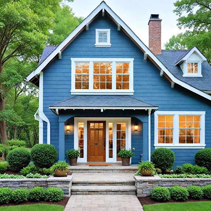 slate blue exterior house with warm wood