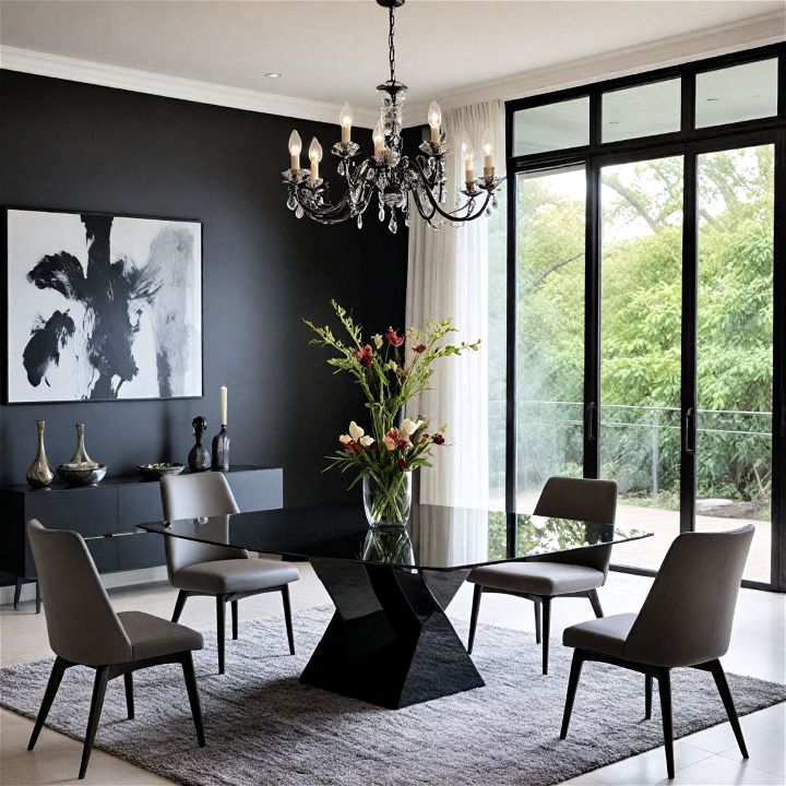 sleek and modern black glass dining table