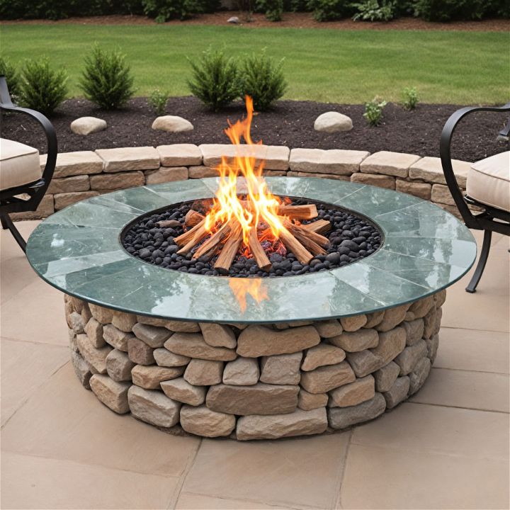 sleek stone and glass fire pit