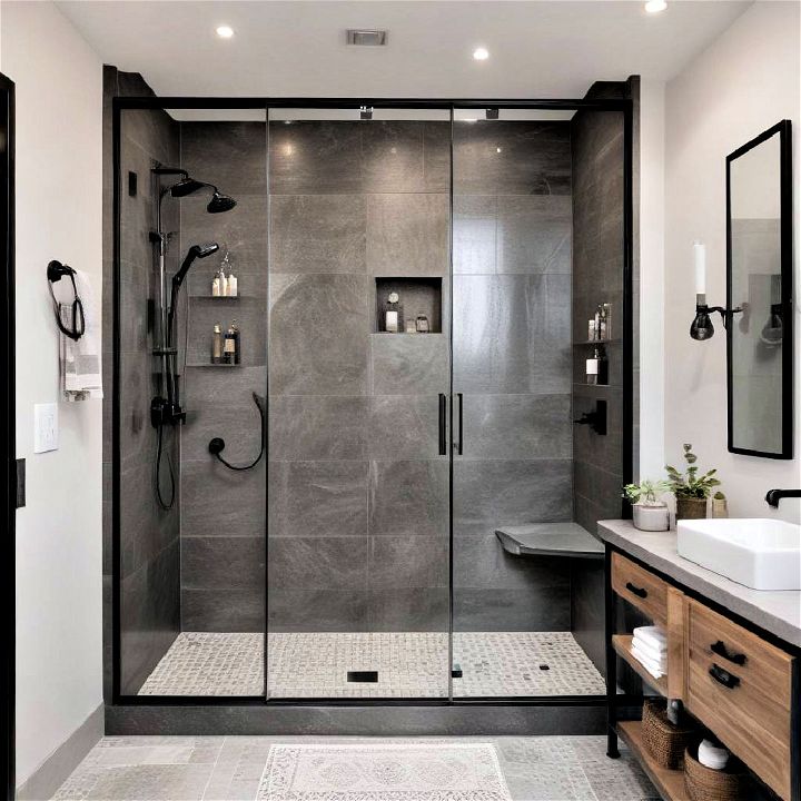 sleek walk in shower with black framed glass