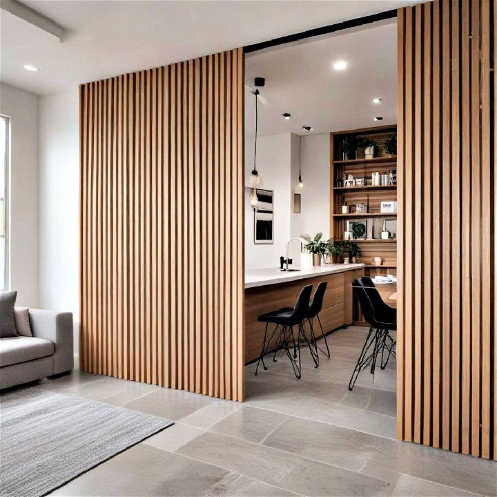 sliding wood slat panels to maintain visual interest