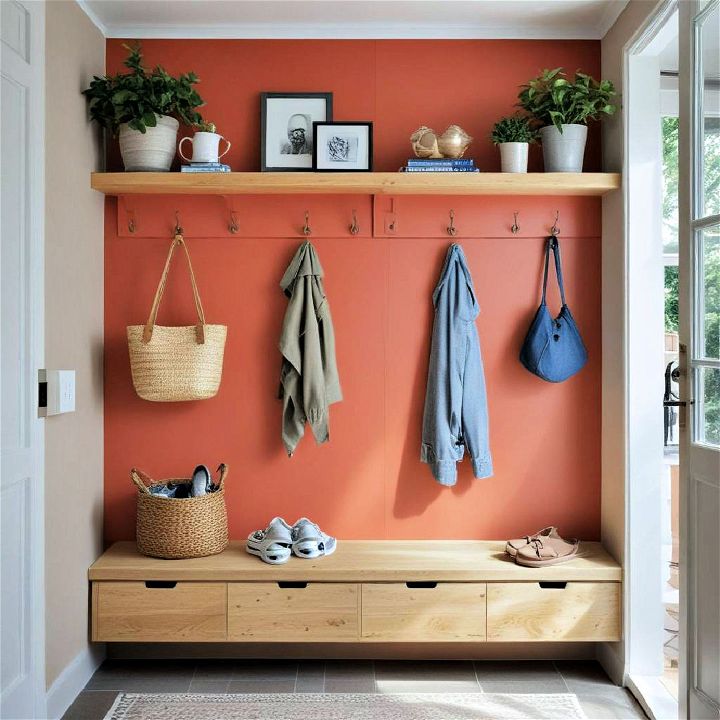 small mudroom with floating shelves