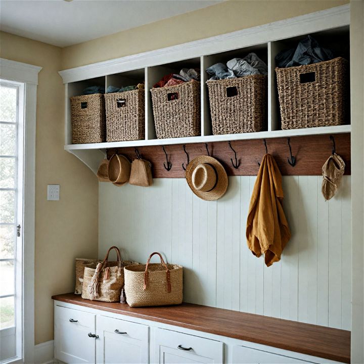 small mudroom with overhead storage bins