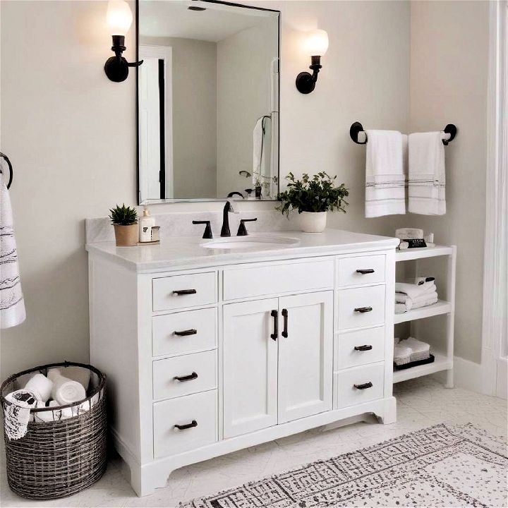 sophisticated white vanity with black hardware