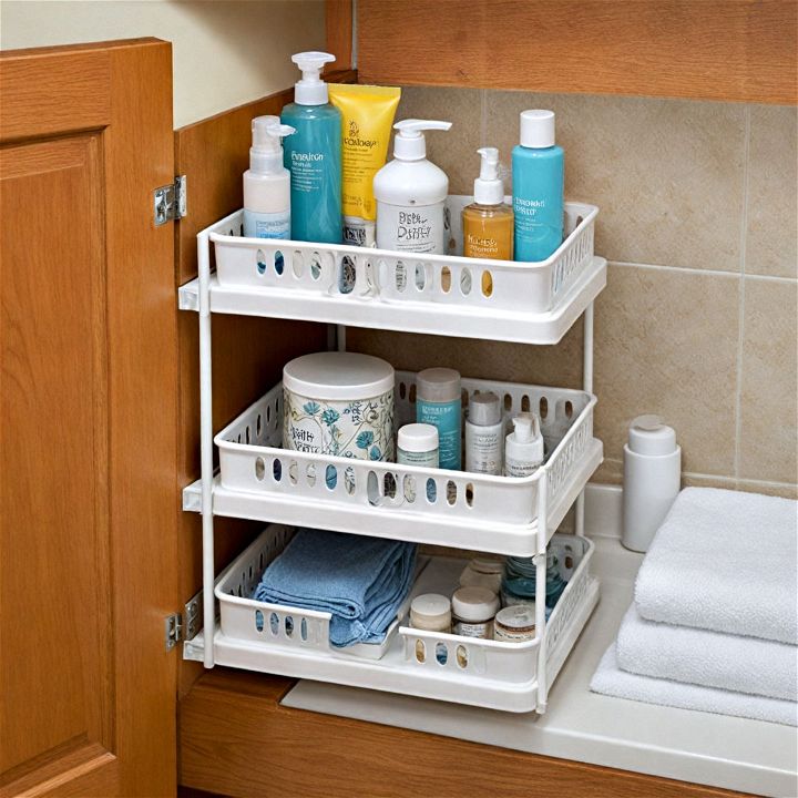 space saves tiered trays for bathroom cabinet organizing