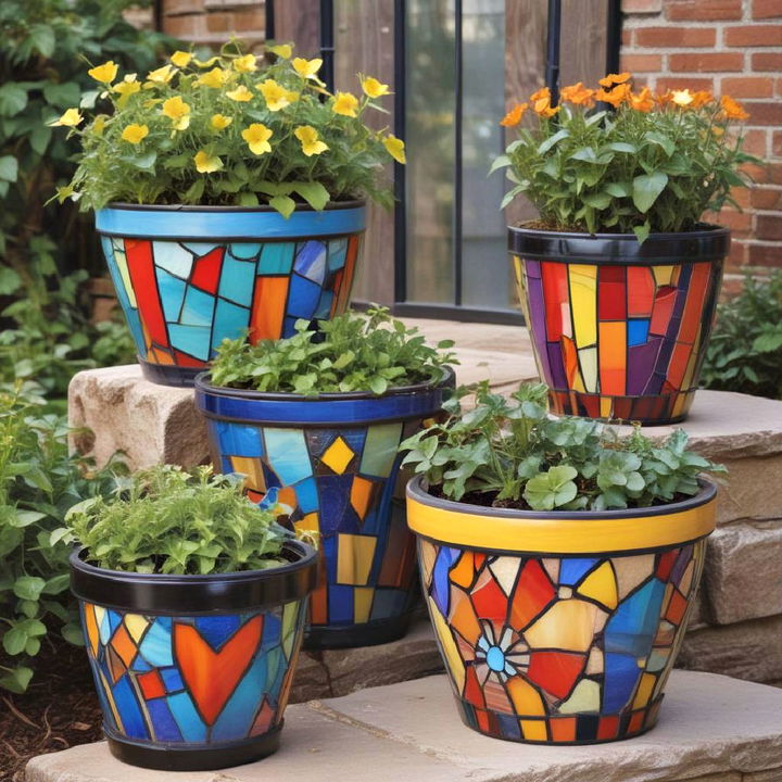 stained glass into garden painted pots