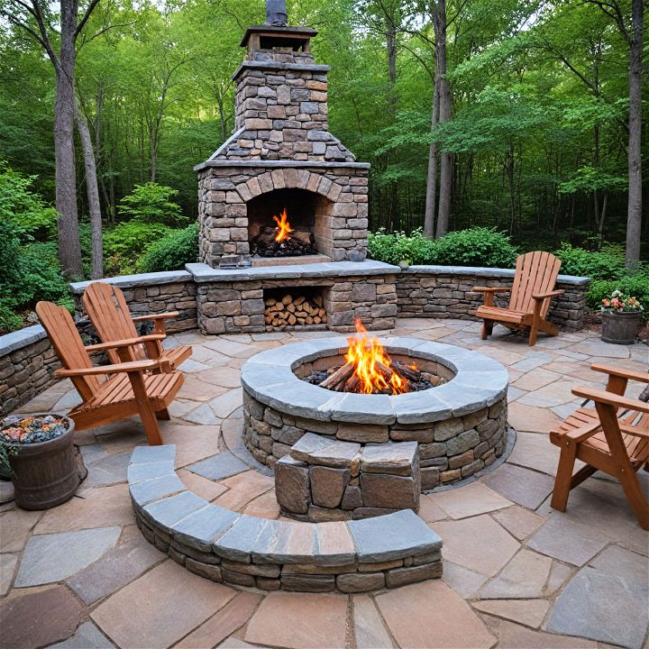 stone fire pit with a chimney