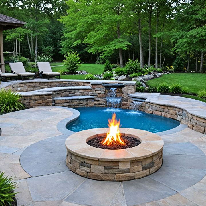 stone fire pit with a tranquil water feature