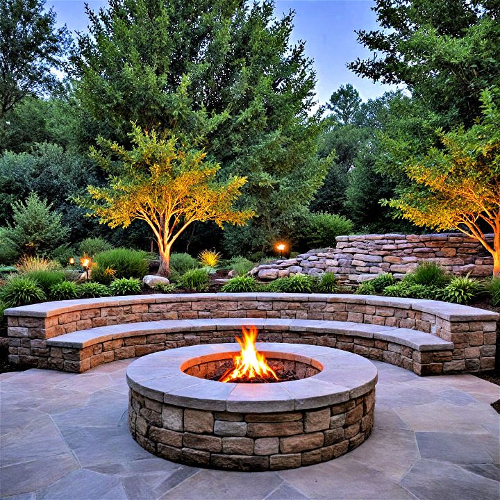stone fire pit with built in seating
