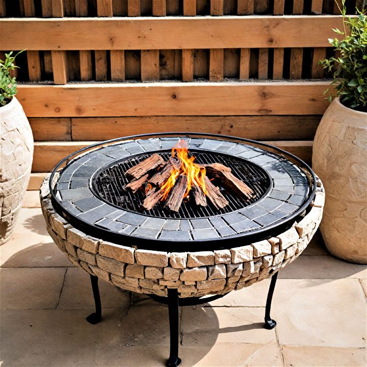 stone fire pit with metal accents