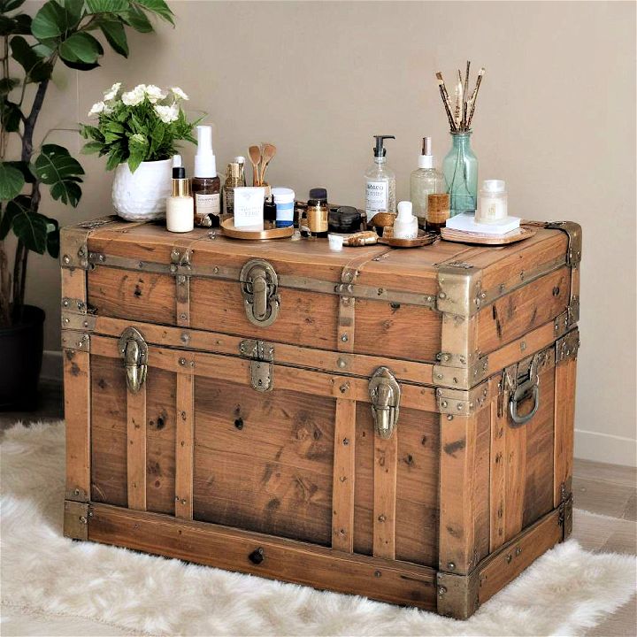 store larger beauty items in an antique trunk