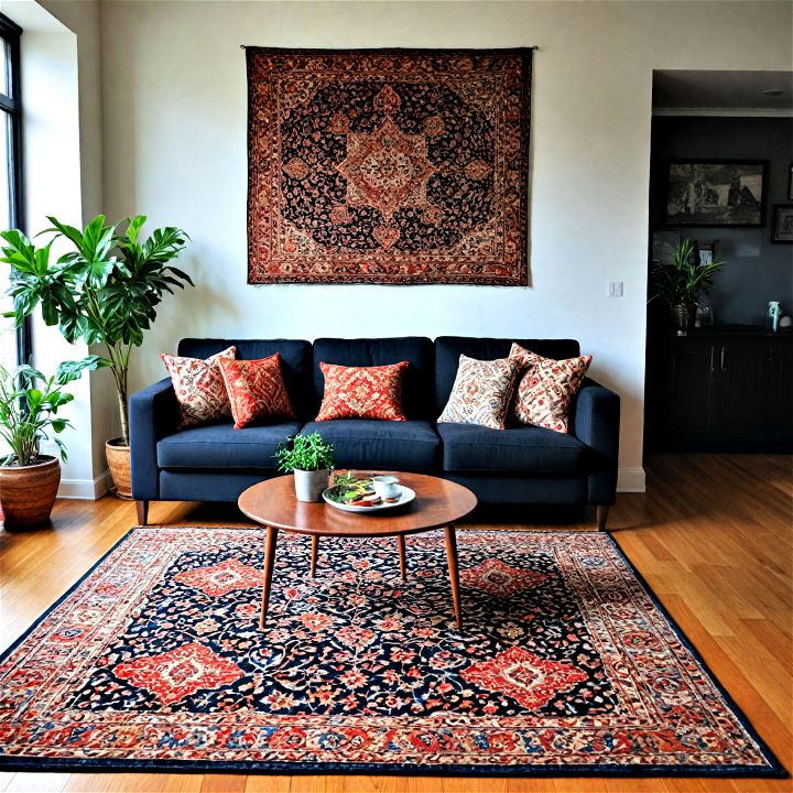 striking and artistic rug with black couches