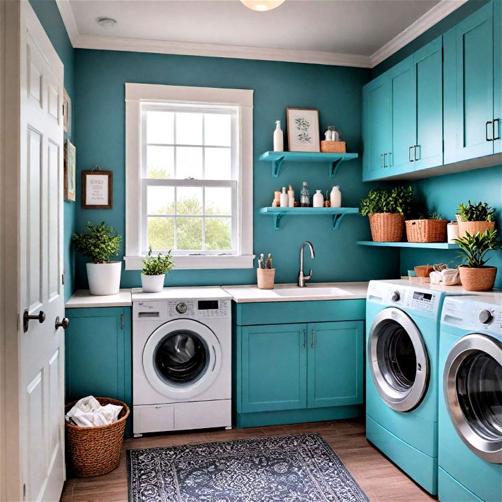 striking and unique teal laundry room