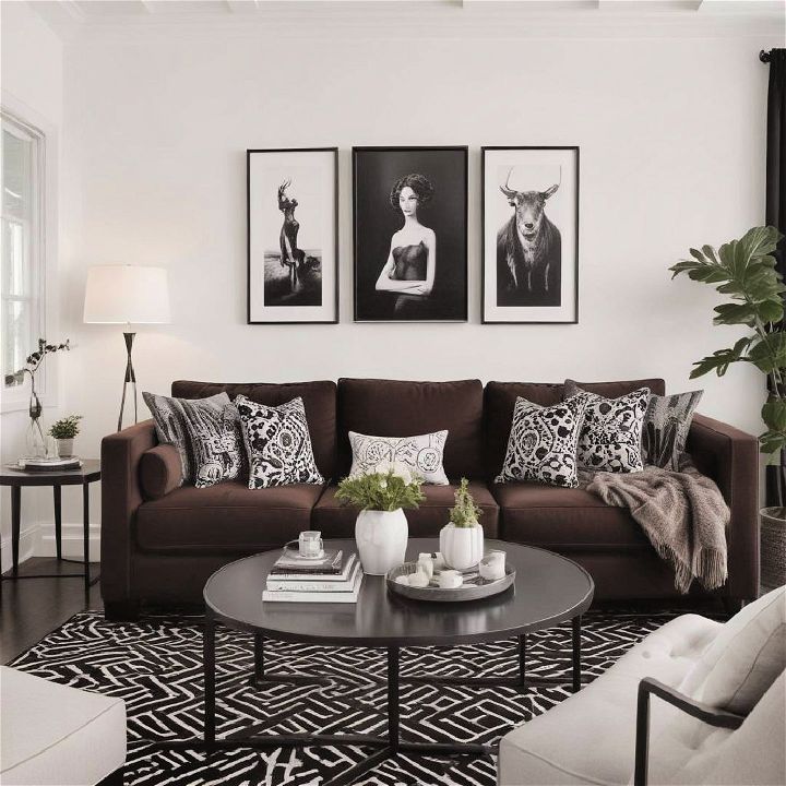 striking black and white living room with dark brown couch