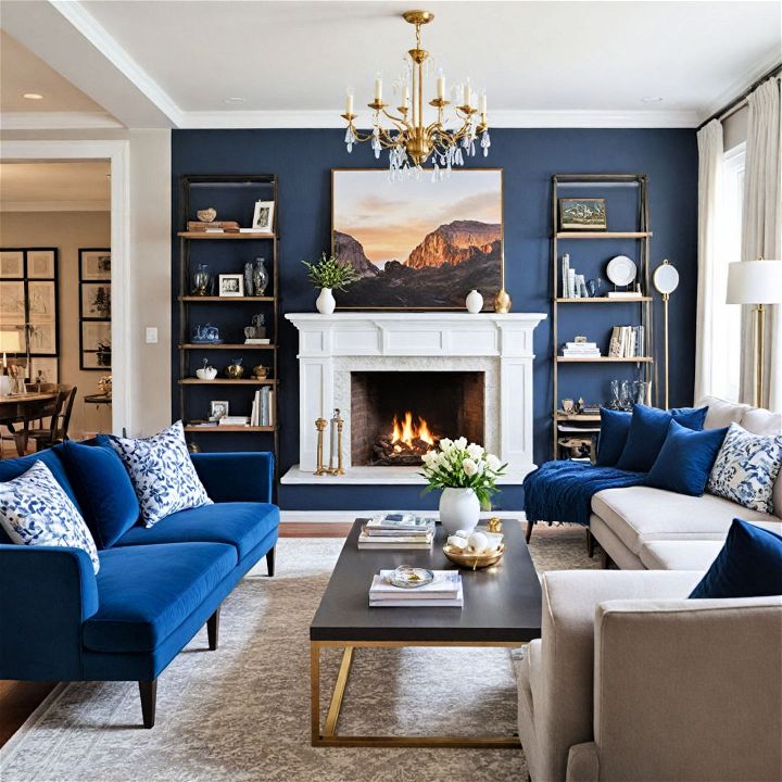 striking navy and gray living room