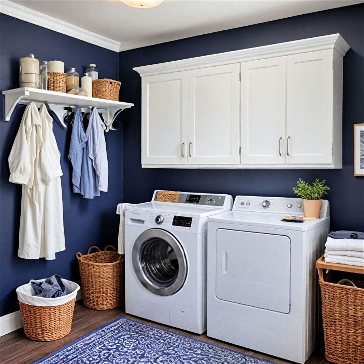 stylish and classic navy blue laundry room