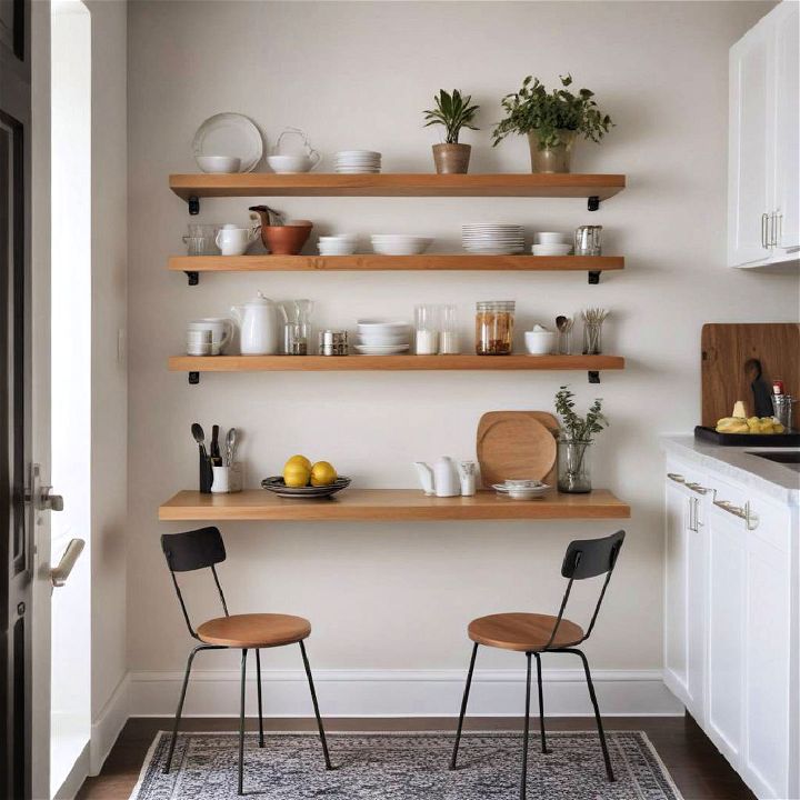 stylish floating shelves and a bistro table