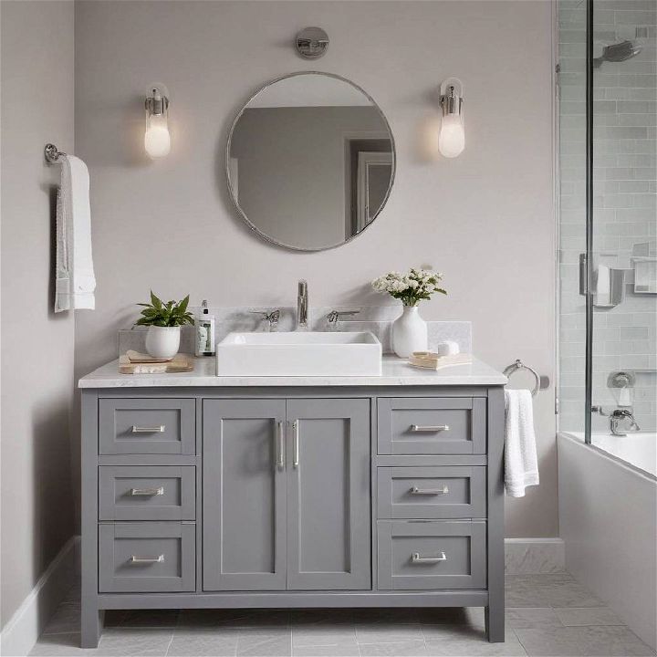 stylish grey vanity with white countertop