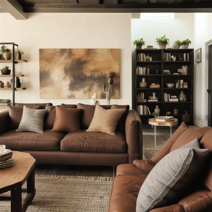 stylish living room with dark brown couch