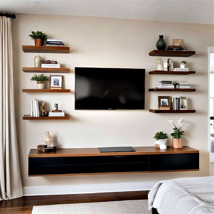 stylish tv with floating shelves