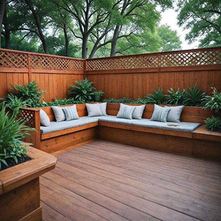 stylish wooden deck with built in seating