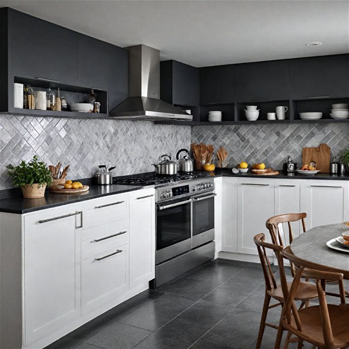 subtle grays into black and white kitchen