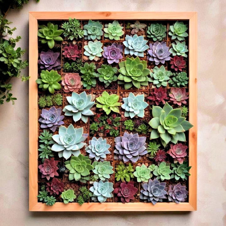 succulent wall using a wooden frame