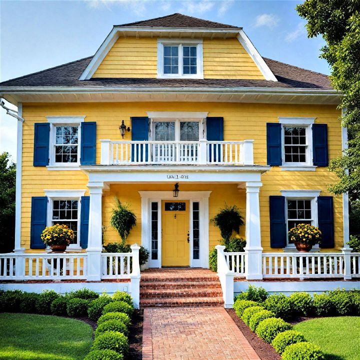 sunshine yellow with white trim and blue shutters