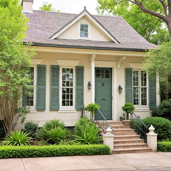 taupe exterior with olive green shutters