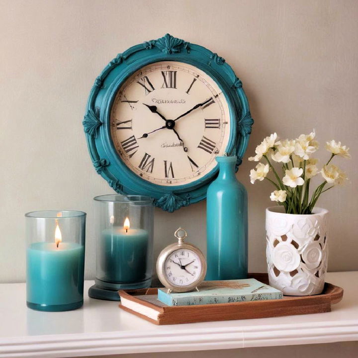 teal decorative accessories candle and cloc