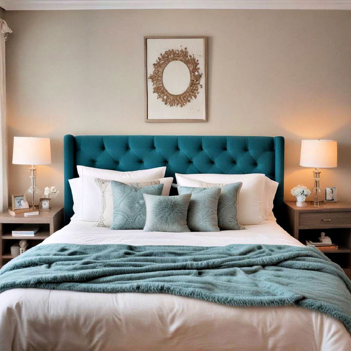 teal headboard as a bold centerpiece for bedroom